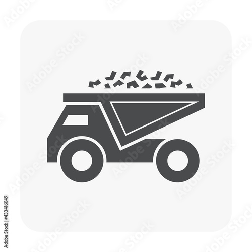 Haul truck vector icon. Heavy machinery or vehicle with tractor and dumper for transport ore, coal, rock and stone from mine or quarry to industrial factory plant. That metallurgy and mining industry.
