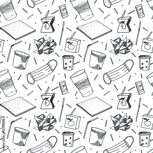 Vector line illustration of trash cups straws paper recycling garbage ecology