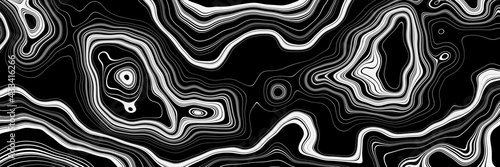 3D rendering. Abstract black and white mountain contour lines. Top view topographic terrain.