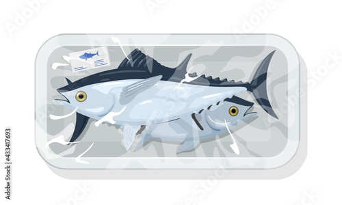Cartoon of premium quality fresh tuna fish packed in tray. Vector seafood transportation, iced food, omega, whole piece of fish. Concept of atlantic bluefin tunny fish isolated on white