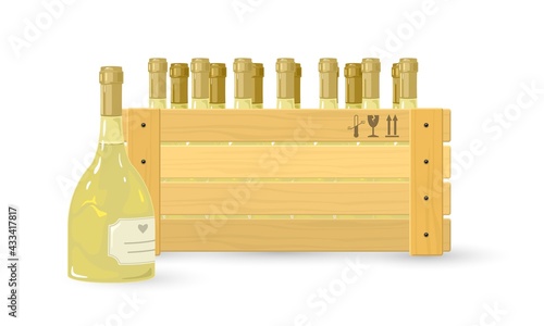 Cartoon wooden box of wine for restaurant, wine shop or export. Vector alcoholic drink made of grapes. Sommeliers, alcohol transportation, table wine idea isolated on white