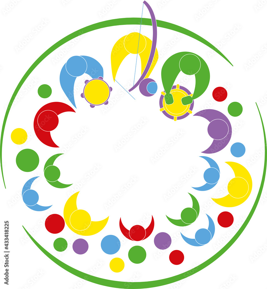 People playing capoeira together in a circle with. Colorful capoeira illustration for web, t-shirt, flyer design. Capoeira music training, Capoeirista sing and play together, brasilian martial art