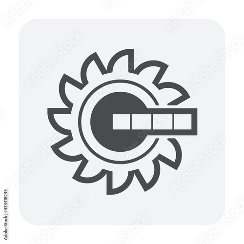 Excavator wheel bucket vector icon. Giant digger or big machine equipment with power and technology for spinning, digging to scoop material i.e. coal, lignite, ore in mine, quarry or mining industry.