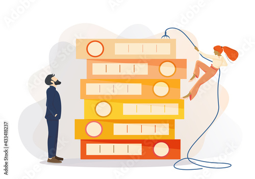 flat vector, people, woman climbing folders, files, archives vector graphic for business, history, data search