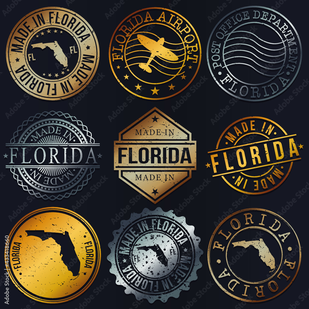 Florida, USA Business Metal Stamps. Gold Made In Product Seal. National Logo Icon. Symbol Design Insignia Country.