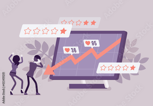Negative online reputation management, falling down arrow graph. Giant screen with bad e-reputation of a company, person, product, poor service or business. Vector flat style cartoon illustration