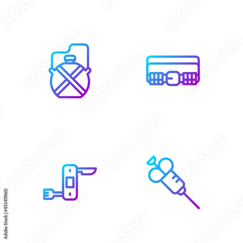 Set line Syringe, Swiss army knife, Canteen water bottle and Hunting cartridge belt. Gradient color icons. Vector