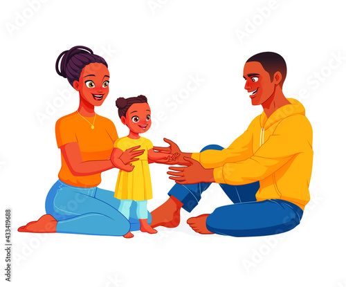 Happy African American family sitting on the floor. Cartoon vector illustration isolated on white background.