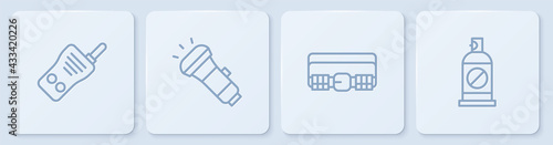 Set line Walkie talkie, Hunting cartridge belt, Flashlight and Spray against insects. White square button. Vector