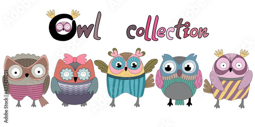 A collection of colorful owls, doodle style designs that can be applied to a wide variety of applications such as stickers, digital printing, digital paper, fabric print, pocket pattern, shirt pattern photo