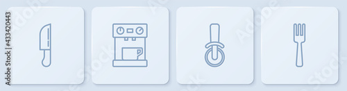 Set line Knife, Pizza knife, Coffee machine and Fork. White square button. Vector
