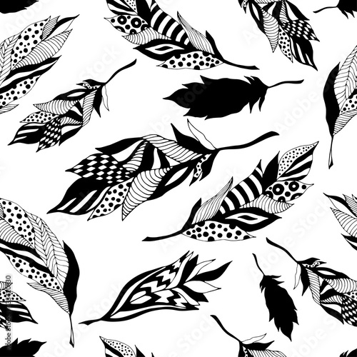 Black painted decorative feathers on a white background. Seamless pattern. Creative illustration. Vector illustration for web design or print.