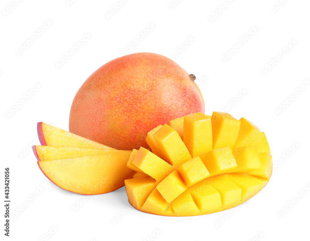 Delicious whole and cut mangoes on white background Delicious whole and cut mangoes on white background