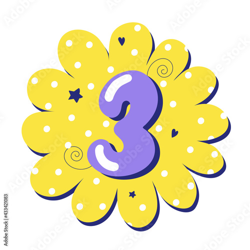 Numeral 3 isolated on bright background. Number three. Vector illustration for baby design in cartoon style. Happy birthday 3 years