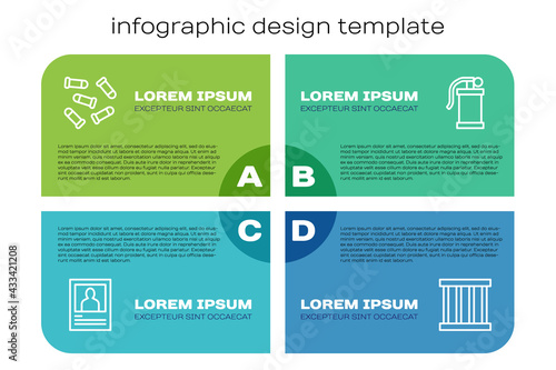 Set line Wanted poster, Bullet, Prison window and Hand smoke grenade. Business infographic template. Vector