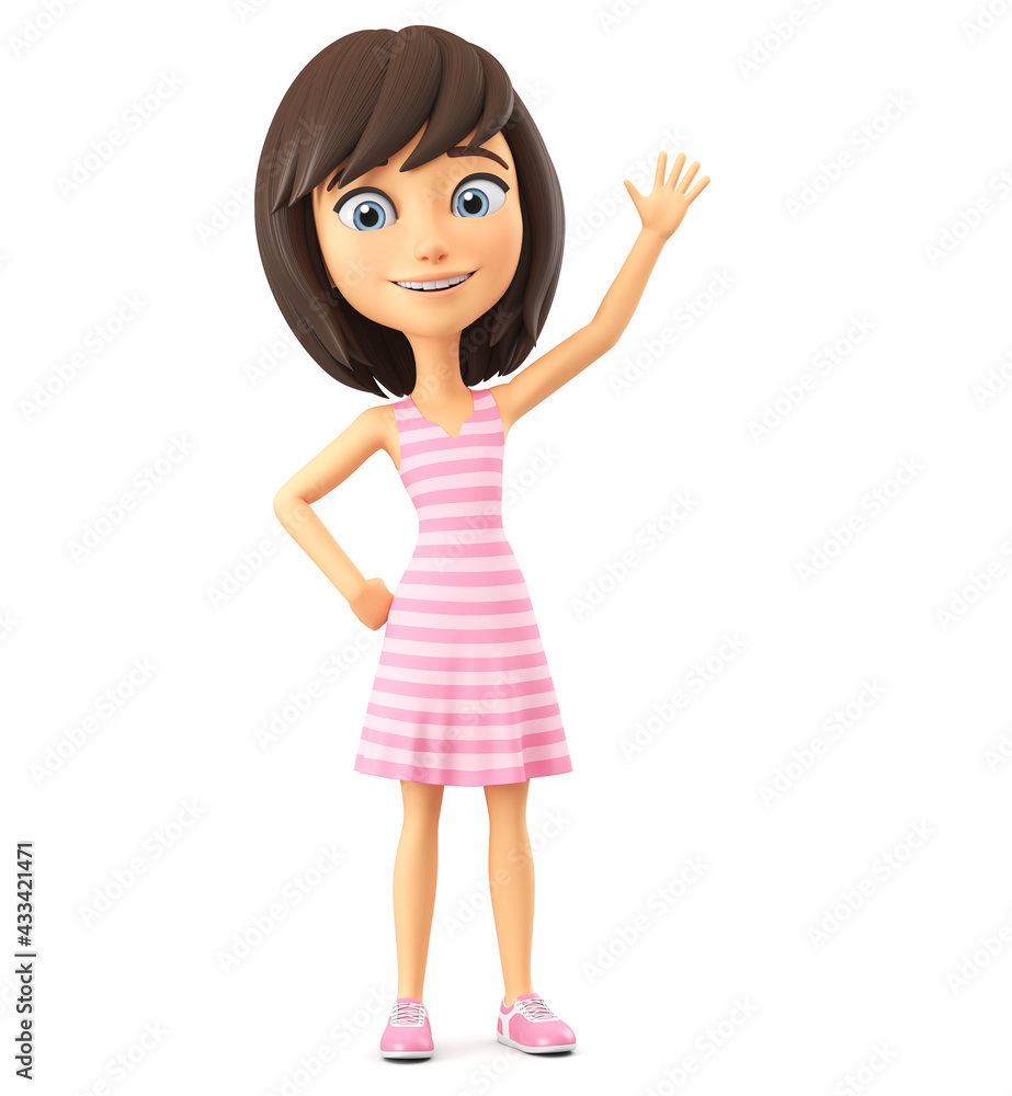 Cheerful cartoon character girl in pink striped dress smiles happily, saying hi, waving hand. 3D rendering. Cheerful cartoon character girl in pink striped dress smiles happily, saying hi, waving hand. 3D rendering.