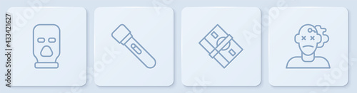Set line Balaclava, Stacks paper money cash, Flashlight and Murder. White square button. Vector