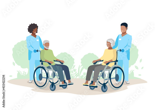 Nurse caring for the elderly. Medicine. Thanks to the nurses. Vector illustration template in flat style.
