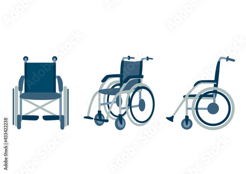 A set of wheelchair from different angles. Medical equipment. Vehicle in case of injury or disability. Vecton set in a flat style on a white background.