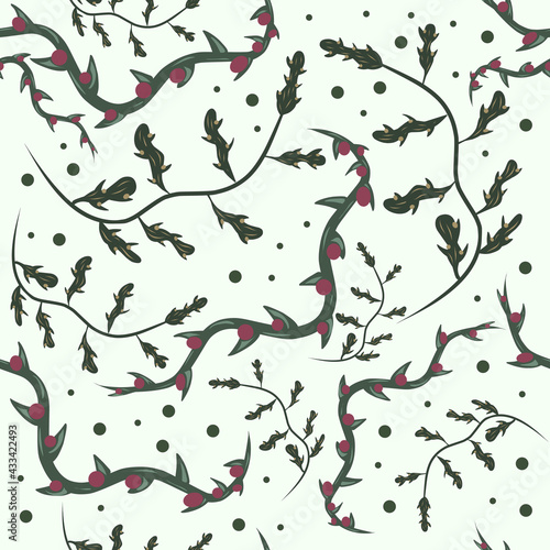 Wild flowers seamless pattern. Vector illustration of ivy and creeper with thorns for background, wallpaper, wrapping paper, fabric, textile.