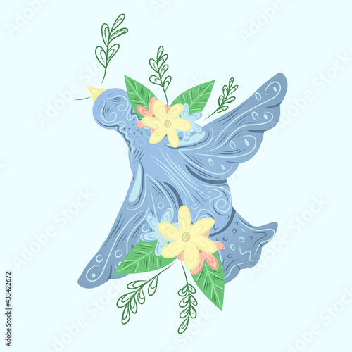 Vector illustration of a dove with an olive branch and flowers. Bird as a symbol of peace and freedom. Pigeon as traditional Jewish holiday symbol. Design for wedding invitation  card.