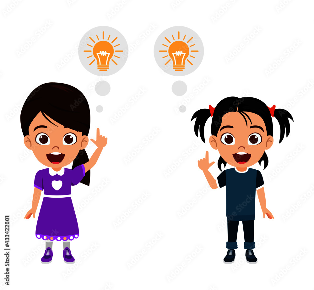 Happy cute kid girls character wearing beautiful outfit pointing to idea symbol isolated Happy cute kid girls character wearing beautiful outfit pointing to idea symbol isolated