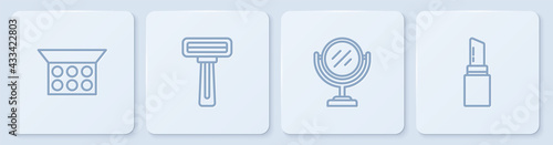 Set line Makeup powder with mirror, Round makeup, Shaving razor and Lipstick. White square button. Vector