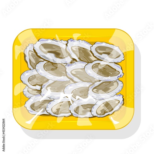 Cartoon of raw clam in shell, package of iced seafood product. Vector ocean food delivery to restaurants and cafe, plastic tray. Concept of eating, cooking, healthy food isolated on white background