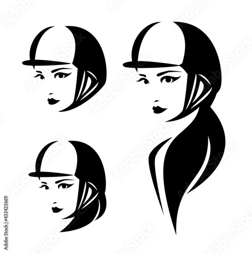 woman horse rider wearing helmet head - female jockey representing equestrian sport black and white vector design set