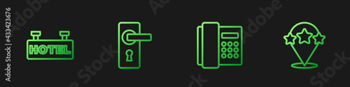 Set line Telephone handset, Signboard with text Hotel, Door handle and Five stars rating review. Gradient color icons. Vector