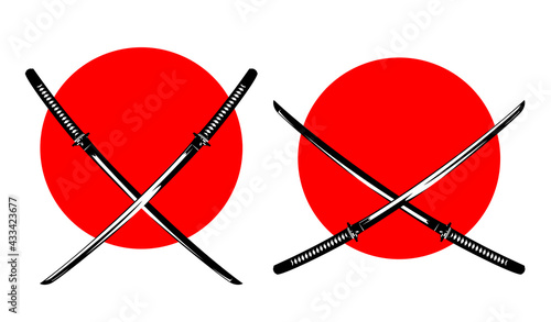 two japanese katana swords with crossed blades against red sun circle - traditional samurai warrior weapon black and white vector design set