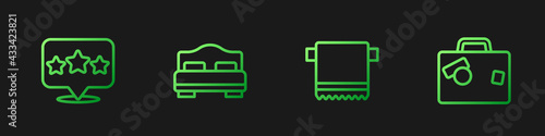 Set line Towel on hanger, Five stars rating review, Hotel room bed and Suitcase. Gradient color icons. Vector