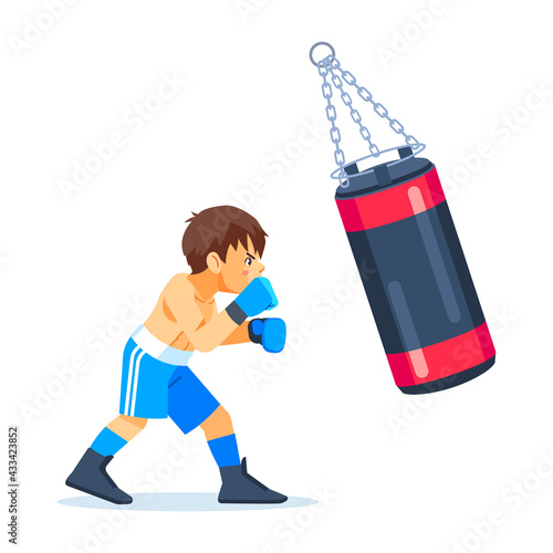 A young teenage boxer trains with a sandbag for boxing. Fitness, sports, exercise, willpower and lifestyle concept. Cartoon vector illustration on white background.