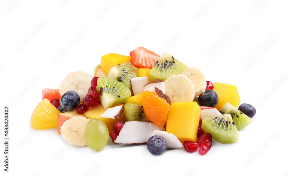 Pile of delicious fruit salad on white background