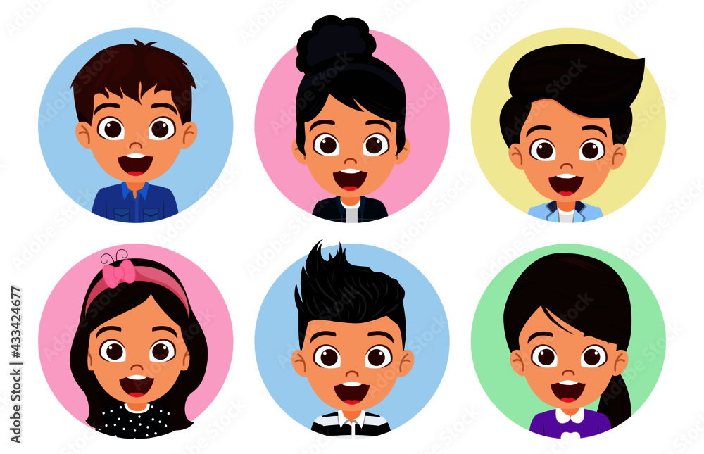 Happy cute kid boys and girls character avatar set collection wearing beautiful outfit posing in circle shape colorful Happy cute kid boys and girls character avatar set collection wearing beautiful outfit posing in circle shape colorful