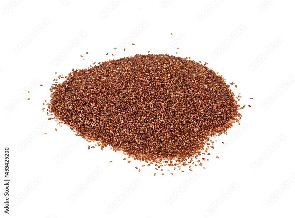 handful of wholegrain teff seeds closeup on white handful of wholegrain teff seeds closeup on white