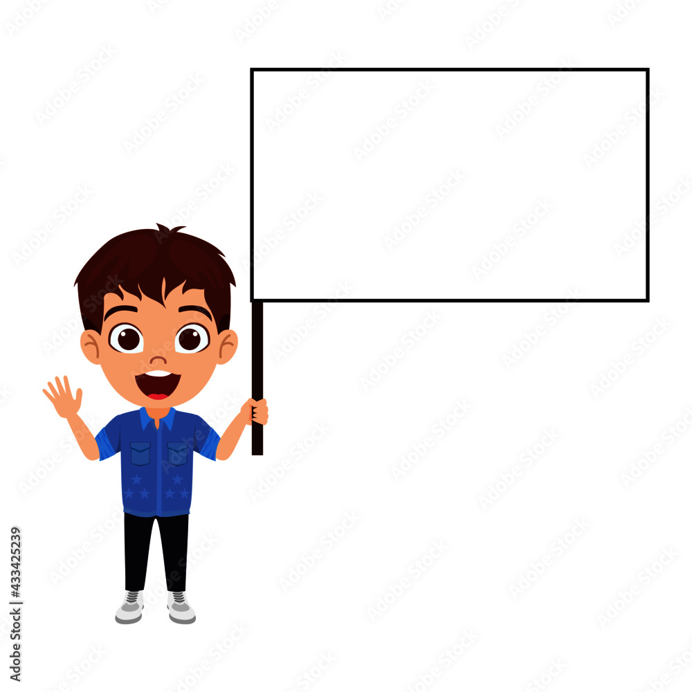 Happy cute kid boy character wearing beautiful outfit standing and holding rectangle shape placard banner isolated and waving Happy cute kid boy character wearing beautiful outfit standing and holding rectangle shape placard banner isolated and waving