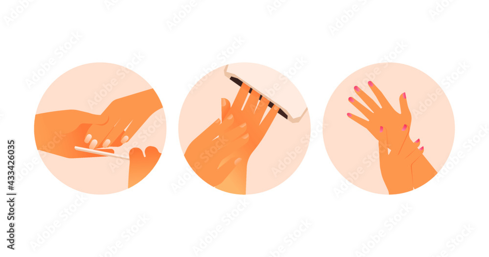 Fototapeta premium Beauty Studio Badges. Hand of Female, Nail Care Procedure, Gel Polish. Modern Flat Vector Illustration. Beautiful Models on Beige Background. Social Media Highlights Template.