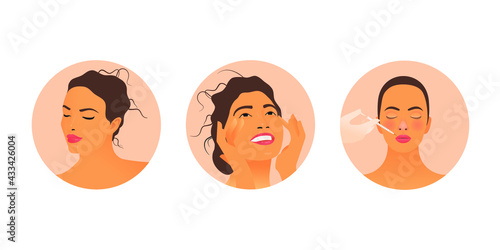 Beauty Face Badges. Females with Natural Makeup and Healthy Skin Portrait. Modern Flat Vector Illustration. Beautiful Models on Beige Background. Social Media Highlights Template.