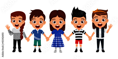 Happy cute kid boys and girls character set collection wearing beautiful outfit standing holding hands together and posing isolated