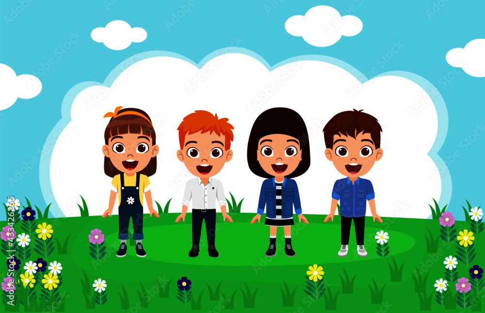 Happy cute kid girl characters wearing beautiful outfit standing on garden background isolated with cheerful expressions