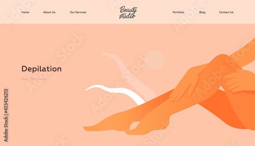 Depilation. Hair Removal. Beauty Studio Landing Page Design Template. Website Banner. Beautiful Female Legs with Hands on Abstract Beige Background.