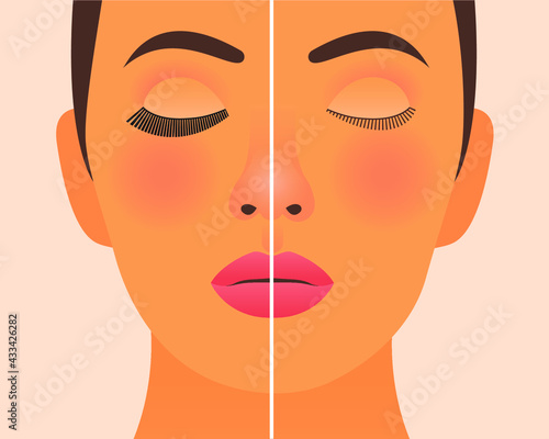 Beauty Studio Template. Close Up Female with Healthy Skin Portrait Shows Eyelash Extension Procedure Before and After. Social Media Banner.