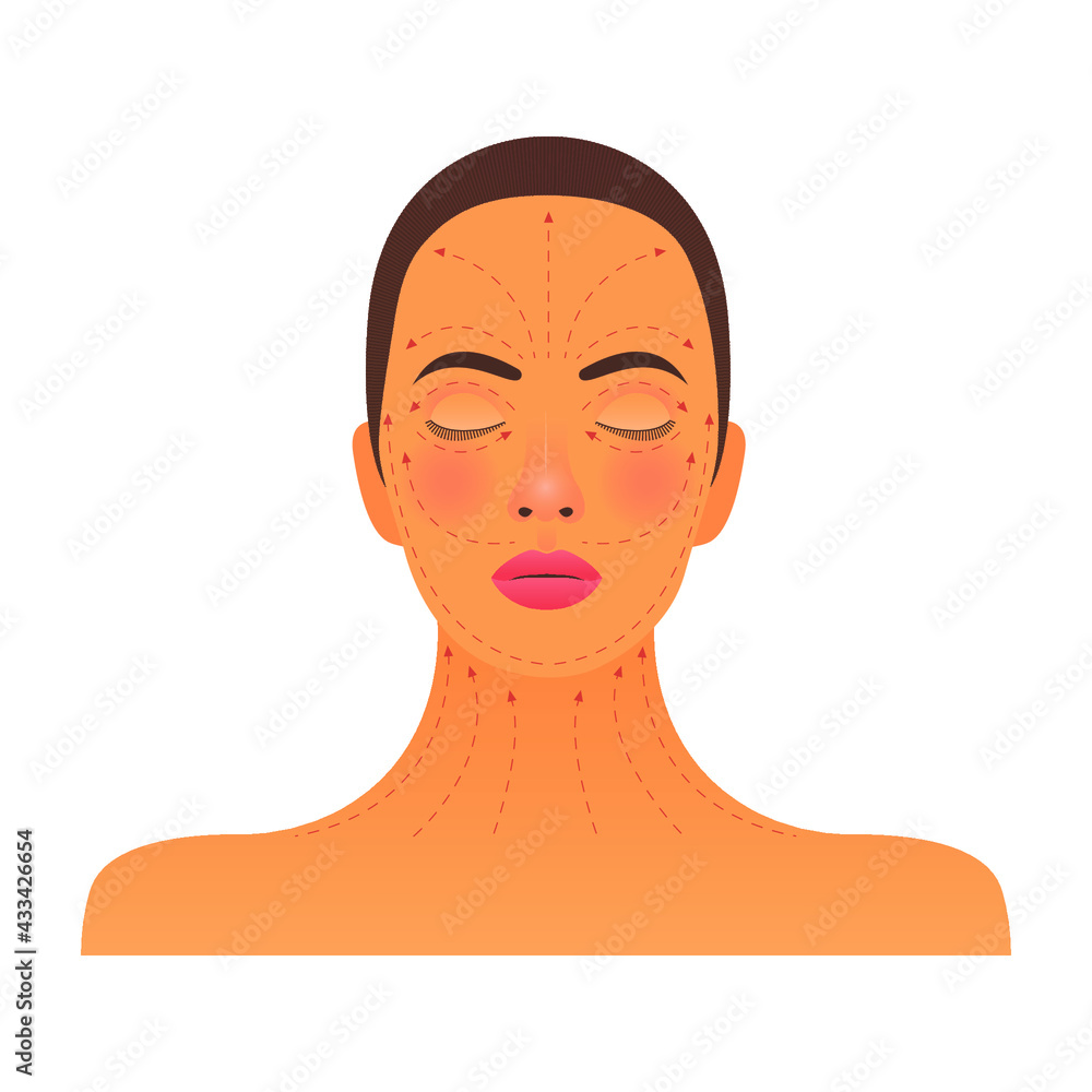 Beautiful Female with Arrows on Her Face. Modern Flat Vector Illustration. Female Portrait with Massage Scheme. Website Template. Social Media Concept. Beautiful Female with Arrows on Her Face. Modern Flat Vector Illustration. Female Portrait with Massage Scheme. Website Template. Social Media Concept.