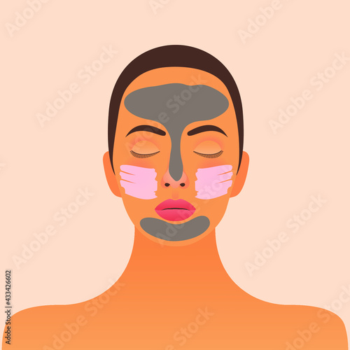Facial Applied Mask Skin Care For Different Zones. Modern Flat Vector Illustration. Website Template. Social Media Concept.