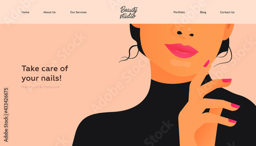 Take Care of Your Nails. Manicure and Pedicure. Beauty Studio Landing Page Design Template. Website Banner. Close Up Beautiful Woman in Black Cloth Shows Manicure on Beige Background. 