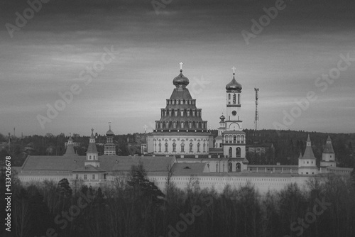 The Resurrection Monastery or New Jerusalem Monastery in Moscow Region at winter sunset, black and white