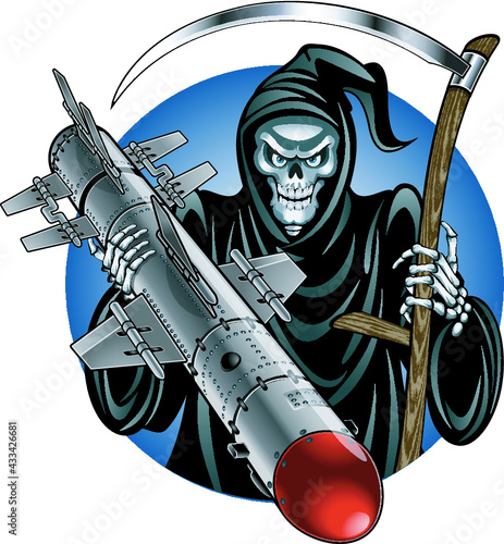 grim reaper holding scythe and air bomb