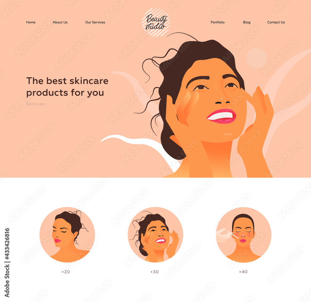 Fototapeta premium Best Skincare Products For You. Services. Beauty Studio Landing Page Design Template. Website Banner. Female with Healthy Skin Portrait Touching Her Face. Beauty Face Badges with Kinds of Services.