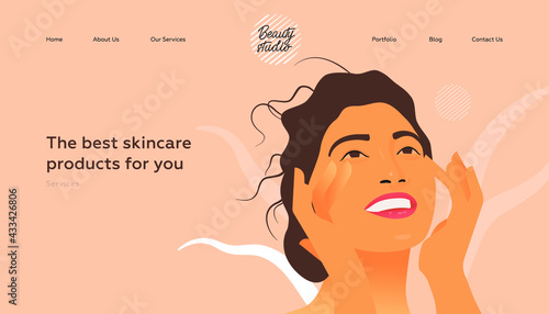 Best Skincare Products For You. Services. Beauty Studio Landing Page Design Template. Website Banner. Female with Natural Makeup and Healthy Skin Portrait Touching Her Face on Abstract Background. 
